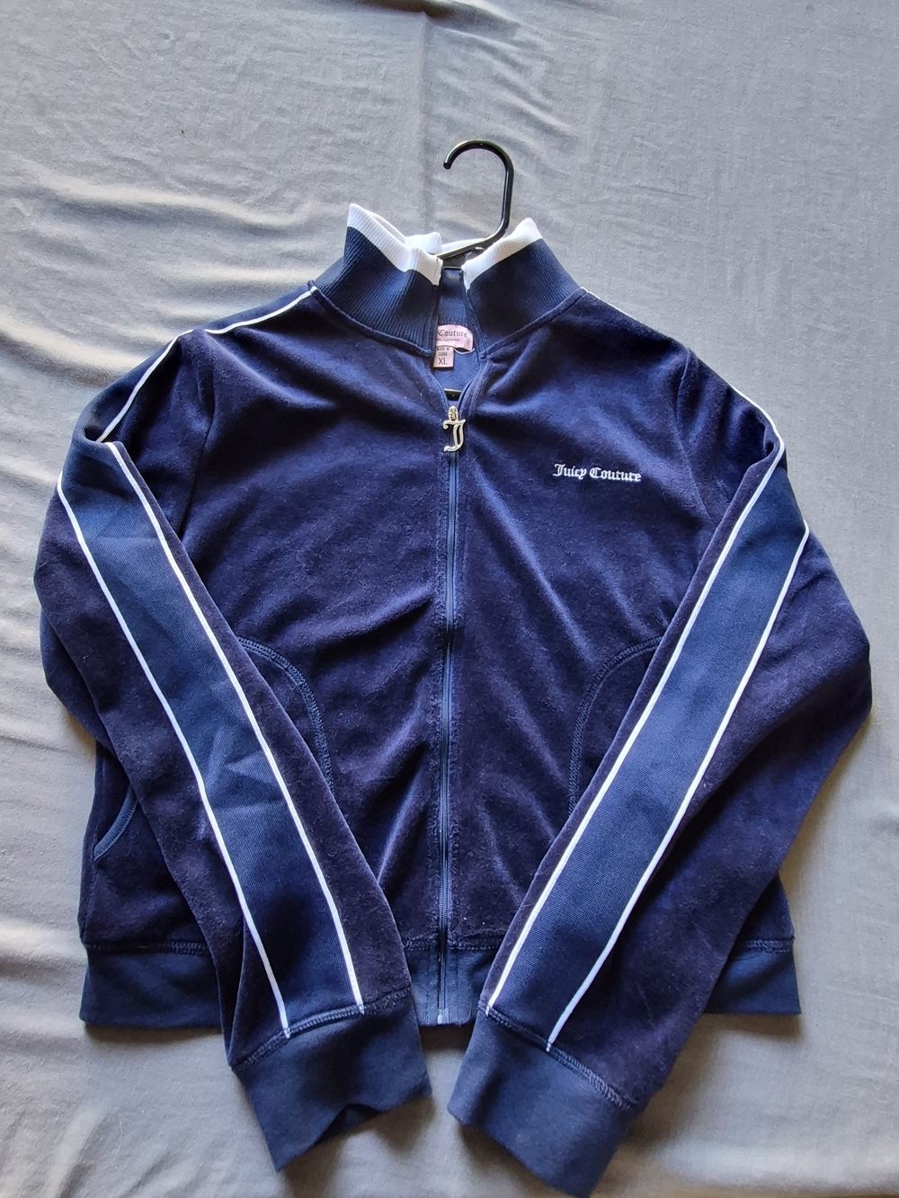 Juicy Couture Navy Velour Zip-Up Jacket with White Piping XL